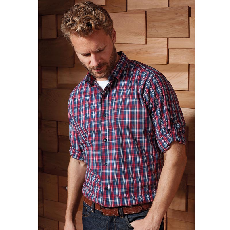 Sidehill check cotton long sleeve shirt - Navy/Red S